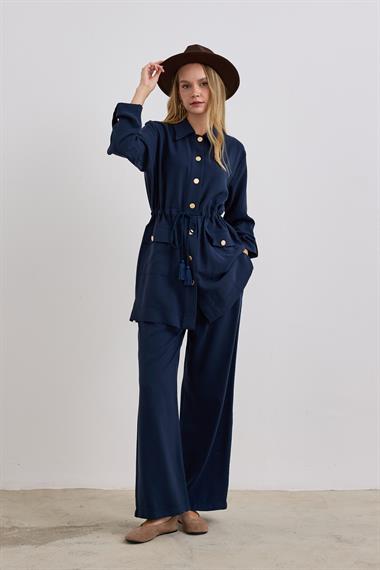 Adrian Düğmeli ve Püskül Kemerli Pantolonlu Takım LACİVERT