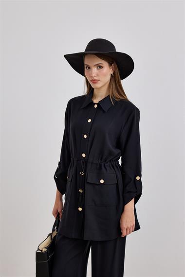 Adrian Düğmeli ve Püskül Kemerli Pantolonlu Takım SİYAH