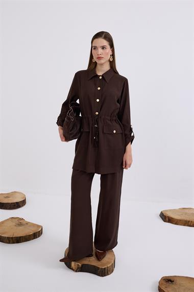 Adrian Düğmeli ve Püskül Kemerli Pantolonlu Takım KAHVERENGİ