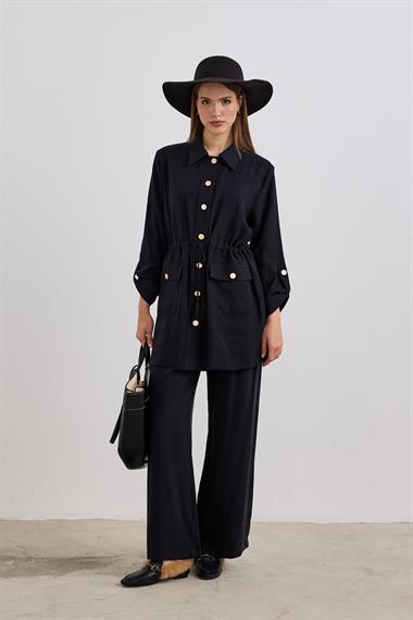 Adrian Düğmeli ve Püskül Kemerli Pantolonlu Takım SİYAH