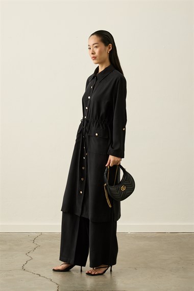 Alisa Düğmeli Beli Tünelli Tencel Pantolonlu Takım SİYAH