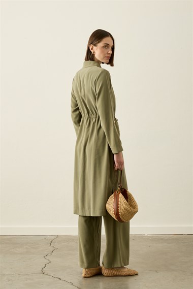 Alisa Düğmeli Beli Tünelli Tencel Pantolonlu Takım HAKİ