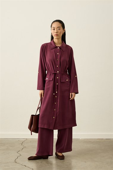 Alisa Düğmeli Beli Tünelli Tencel Pantolonlu Takım MÜRDÜM