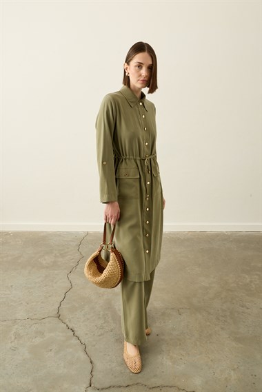 Alisa Düğmeli Beli Tünelli Tencel Pantolonlu Takım HAKİ