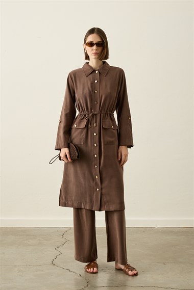 Alisa Düğmeli Beli Tünelli Tencel Pantolonlu Takım KAHVERENGİ