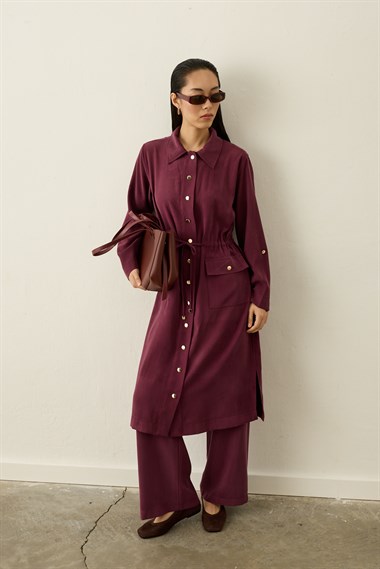 Alisa Düğmeli Beli Tünelli Tencel Pantolonlu Takım MÜRDÜM