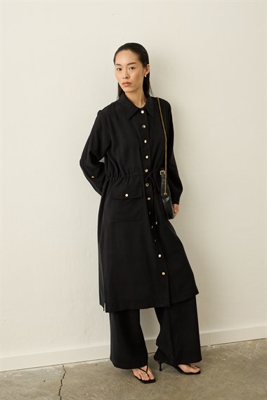 Alisa Düğmeli Beli Tünelli Tencel Pantolonlu Takım SİYAH