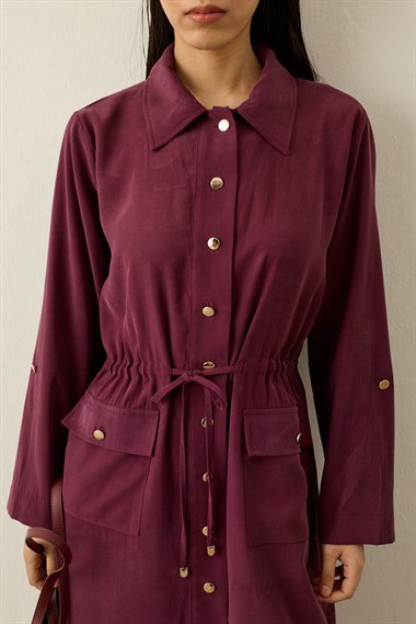 Alisa Düğmeli Beli Tünelli Tencel Pantolonlu Takım MÜRDÜM