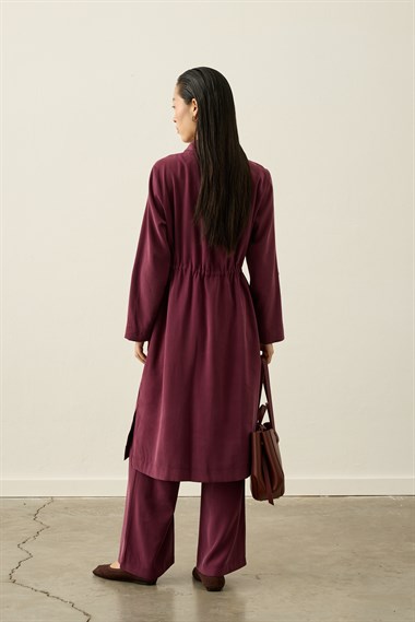 Alisa Düğmeli Beli Tünelli Tencel Pantolonlu Takım MÜRDÜM