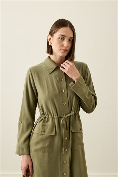 Alisa Düğmeli Beli Tünelli Tencel Pantolonlu Takım HAKİ