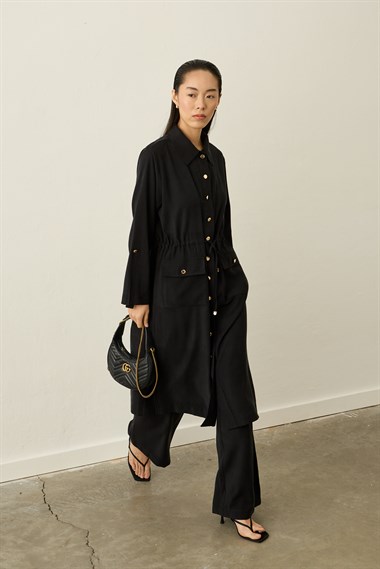 Alisa Düğmeli Beli Tünelli Tencel Pantolonlu Takım SİYAH