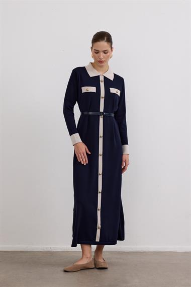 Amanda Deri Kemerli Çift Renk Triko Elbise LACİVERT