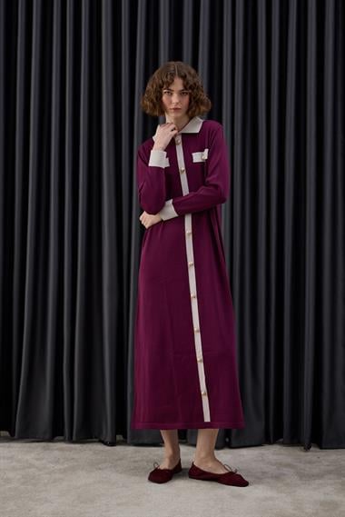 Amanda Deri Kemerli Çift Renk Triko Elbise MÜRDÜM