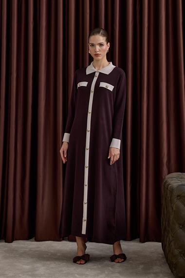 Amanda Deri Kemerli Çift Renk Triko Elbise KAHVERENGİ