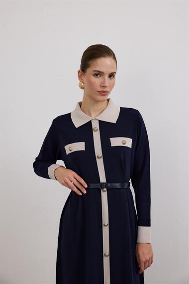 Amanda Deri Kemerli Çift Renk Triko Elbise LACİVERT