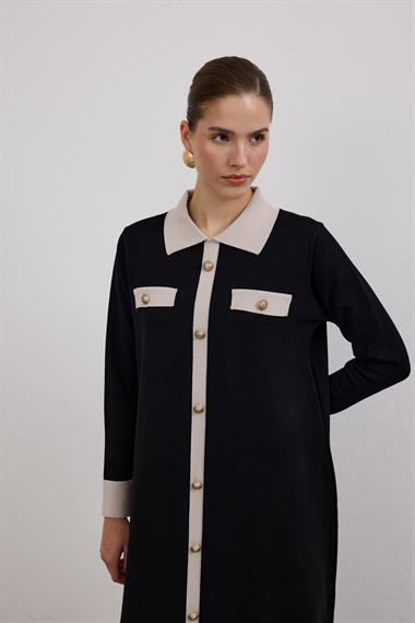 Amanda Deri Kemerli Çift Renk Triko Elbise SİYAH