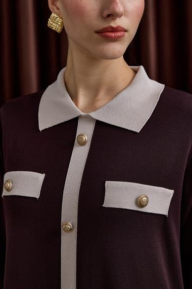 Amanda Deri Kemerli Çift Renk Triko Elbise KAHVERENGİ