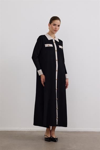 Amanda Deri Kemerli Çift Renk Triko Elbise SİYAH