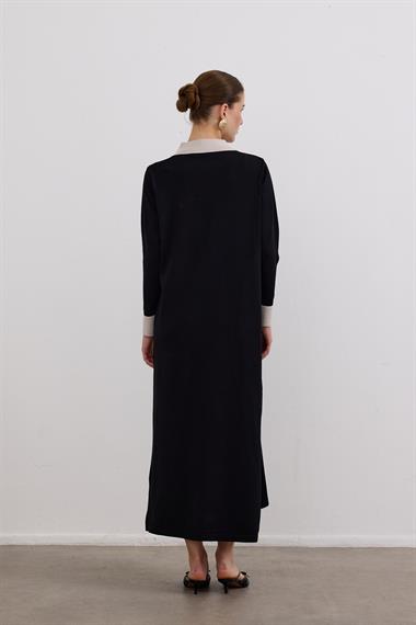 Amanda Deri Kemerli Çift Renk Triko Elbise SİYAH