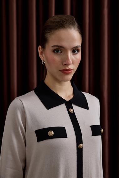 Amanda Deri Kemerli Çift Renk Triko Elbise TAŞ