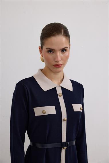 Amanda Deri Kemerli Çift Renk Triko Elbise LACİVERT