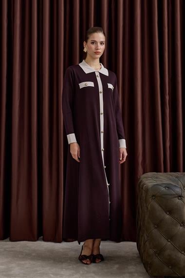 Amanda Deri Kemerli Çift Renk Triko Elbise KAHVERENGİ