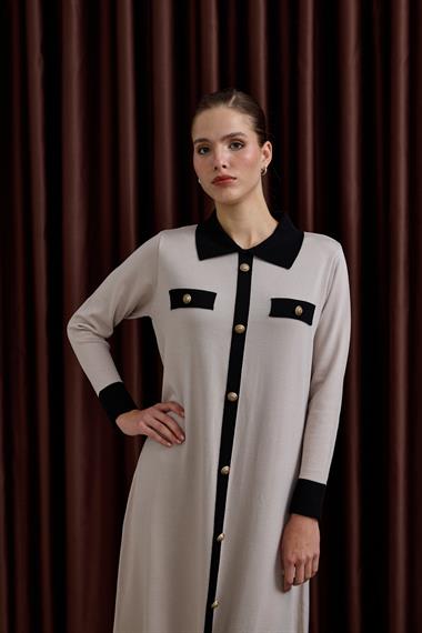 Amanda Deri Kemerli Çift Renk Triko Elbise TAŞ