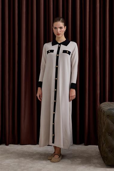 Amanda Deri Kemerli Çift Renk Triko Elbise TAŞ