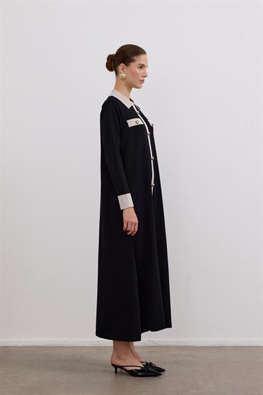 Amanda Deri Kemerli Çift Renk Triko Elbise SİYAH