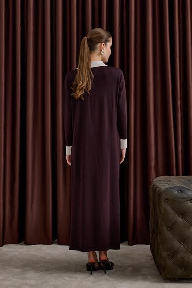 Amanda Deri Kemerli Çift Renk Triko Elbise KAHVERENGİ