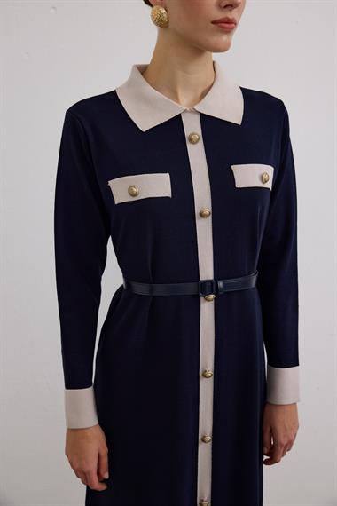 Amanda Deri Kemerli Çift Renk Triko Elbise LACİVERT