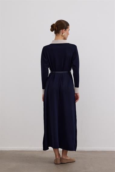 Amanda Deri Kemerli Çift Renk Triko Elbise LACİVERT