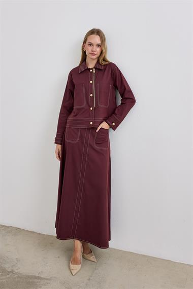 Amara Gold Düğmeli Dikişli Etekli Takım MÜRDÜM