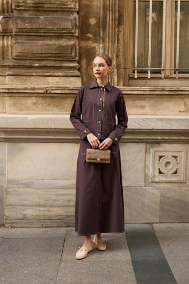 Amara Gold Düğmeli Dikişli Etekli Takım KAHVERENGİ