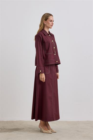 Amara Gold Düğmeli Dikişli Etekli Takım MÜRDÜM