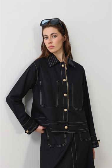 Amara Gold Düğmeli Dikişli Etekli Takım LACİVERT