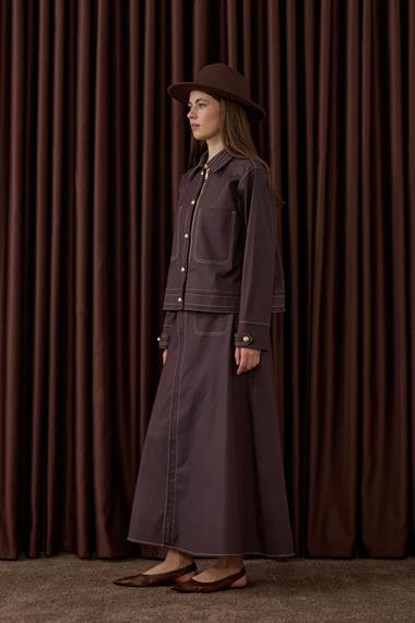 Amara Gold Düğmeli Dikişli Etekli Takım KAHVERENGİ