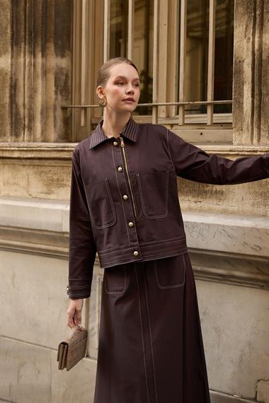 Amara Gold Düğmeli Dikişli Etekli Takım KAHVERENGİ