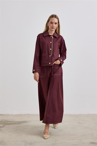 Amara Gold Düğmeli Dikişli Etekli Takım MÜRDÜM