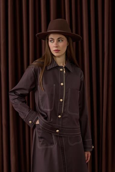 Amara Gold Düğmeli Dikişli Etekli Takım KAHVERENGİ