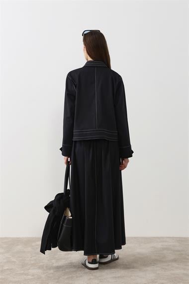 Amara Gold Düğmeli Dikişli Etekli Takım LACİVERT