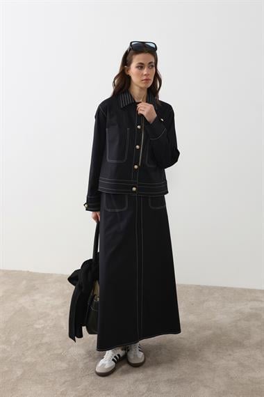 Amara Gold Düğmeli Dikişli Etekli Takım LACİVERT