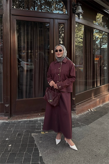 Amara Gold Düğmeli Dikişli Etekli Takım MÜRDÜM