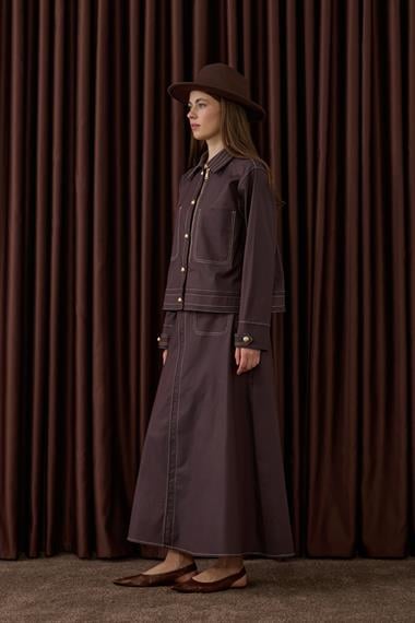 Amara Gold Düğmeli Dikişli Etekli Takım KAHVERENGİ