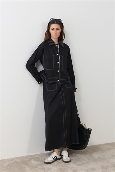 Amara Gold Düğmeli Dikişli Etekli Takım LACİVERT