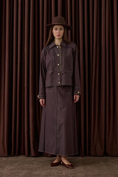 Amara Gold Düğmeli Dikişli Etekli Takım KAHVERENGİ