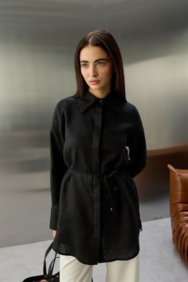 Anny Nakışlı Keten Gömlek SİYAH