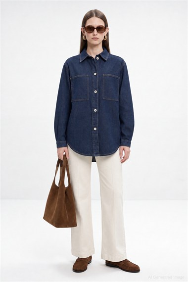 Basic Denim Gömlek KOYU LACİVERT