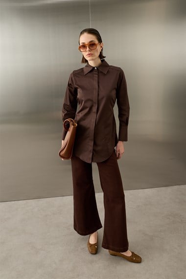 Basic Pamuklu Düğmeli Bağlamalı Gömlek KAHVERENGİ