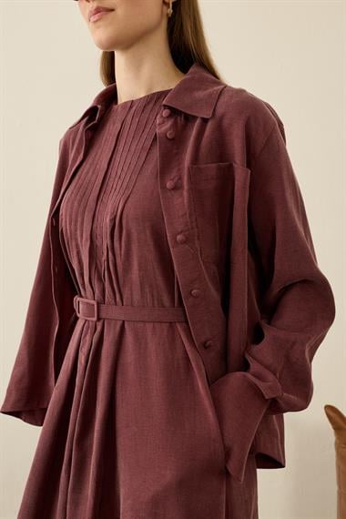 Bella Pileli Asimetrik Kesim Lyocell İçlik Elbiseli Takım MÜRDÜM